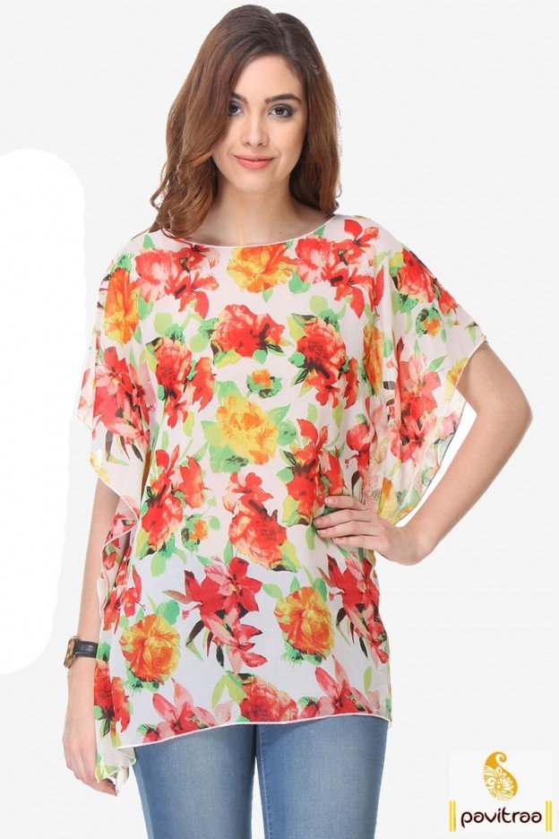 White and Orange Color Flowery Chiffon Top